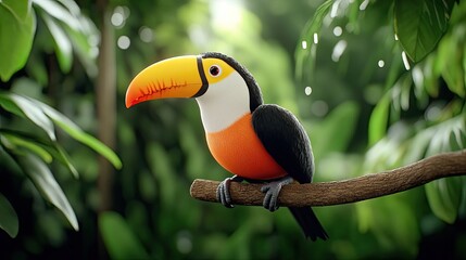 Fototapeta premium A striking blue-crested blackbird rests atop a tree trunk, surrounded by lush greenery in a vibrant tropical rainforest, showcasing the beauty of wildlife in its natural habitat