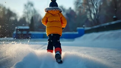 Young athlete explores snowy landscape in vibrant winter gear during outdoor playtime
