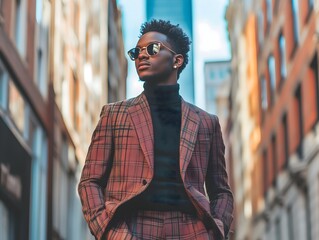 A  male model exudes style in a designer jacket, black top, and sunglasses, confidently strutting through the vibrant streets of Soho, NYC.