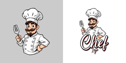  chef mascot logo design. Chef Design vector Logo illustration, Restaurant logo. Cartoon smiling chef character