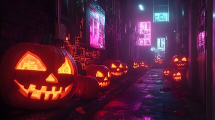 Cyberpunk inspired Alleyway Illuminated by Pulsing Neon Lights and Holographic Projections