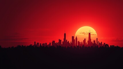 Stunning urban skyline silhouette against a vivid red sunset, highlighting the skyscrapers and cityscape in striking contrast.