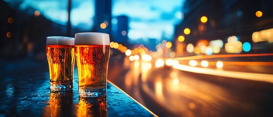 Two pints of beer on a table with a blurred city street in the background at night, creating a cozy...