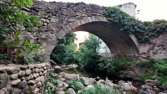 Paneo de c&aacute;mara en un paisaje panor&aacute;mico de campo en la orilla de un rio con un puente de piedra medieval