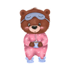Cute teddy bear with cup of coffee, tea. Baby bear. Cute animal . Funny, cartoon bear. Drawing. Hand painted illustration isolated on white background. Good morning. Greeting card, print, poster