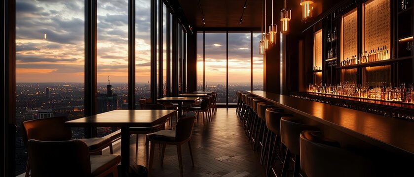 Elegant bar with cityscape view at sunset, showcasing luxurious ambiance, sophisticated seating, and a serene atmosphere.
