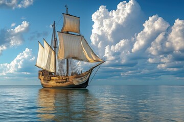 Caravel sailing ship navigating calm ocean on a cloudy day. Columbus day.