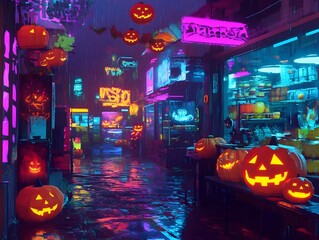Dystopian Halloween Bazaar with Radiant Pumpkins and Pixelated Sweets in Neon Lit Retrofuturistic