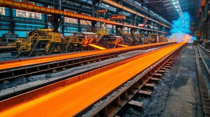 Fototapeta premium Molten Metal Flowing on Conveyor Belt in Steel Mill