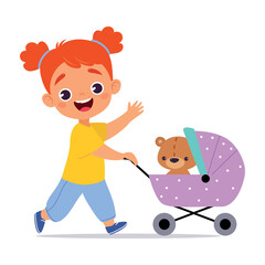 Girl Character Play Toy Teddy Bear Sit in Baby Carriage Vector Illustration