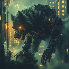 Nightmarish Cyborg Werewolf Stalking Neon Drenched Urban Landscape on All Hallows  Eve