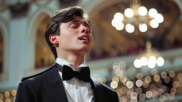A talented young man captivates the audience with his powerful singing in a beautifully lit concert hall, showcasing his incredible vocal skills and emotion.