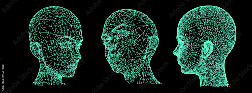 Poster a set of 3d heads made of mesh on a black background. illustration in techno futuristic style.