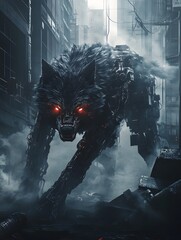 Fearsome Metallic Cyborg Werewolf Prowling Dystopian Halloween City Nightscape