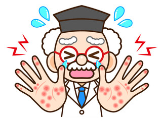 薬品でかぶれて手湿疹とあかぎれに悩む博士のイラスト素材