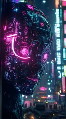 Mesmerizing Neon Tinged Halloween Mask with Intricate Technological Designs and Glowing Visage