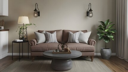 A cozy loveseat sofa placed near a round accent coffee table in a modern farmhouse living room with a Scandinavian home interior design.