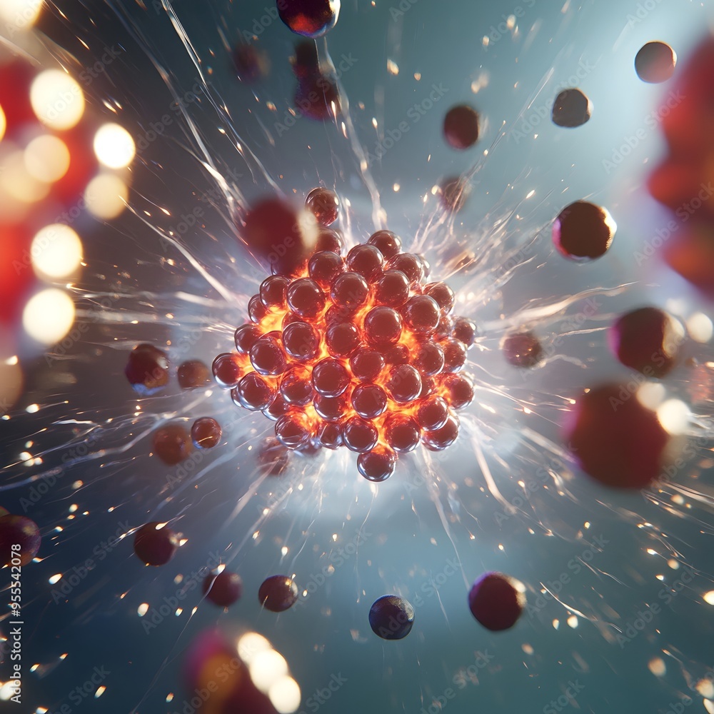 Poster visualizing the atomic splitting detailed of nuclear fission process