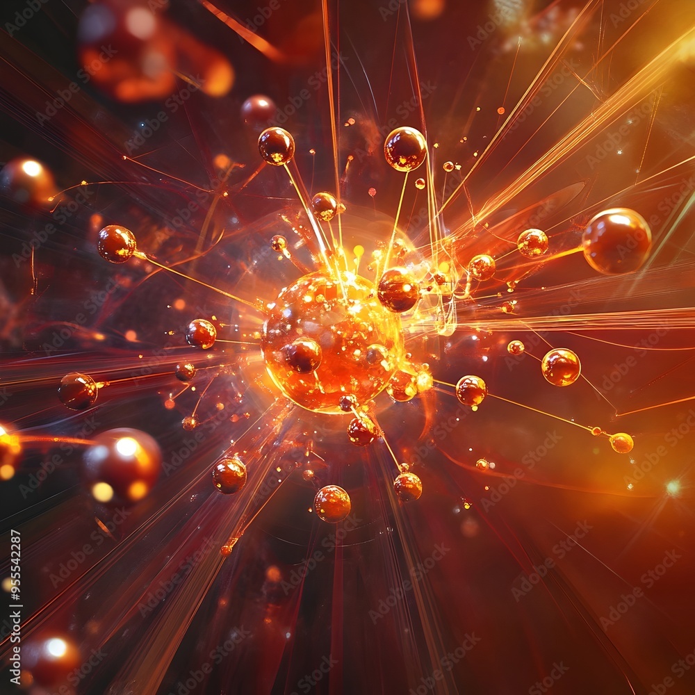 Poster detailed breakdown of atomic isotopes involved in nuclear fission with particles in motion and