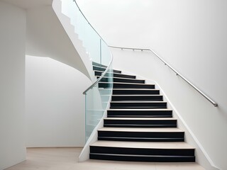 contemporary staircase with glass railings and clean lines in a bright space, offering a stylish and modern architectural element