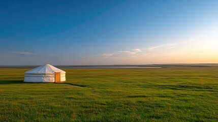 A serene landscape features traditional yurts on rolling green hills, surrounded by dense forests and majestic mountains under a bright morning sky