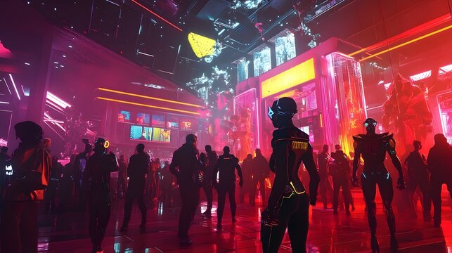 Halloween in a High Rise Megastructure with Vibrant LED Costumes and Neon Lights