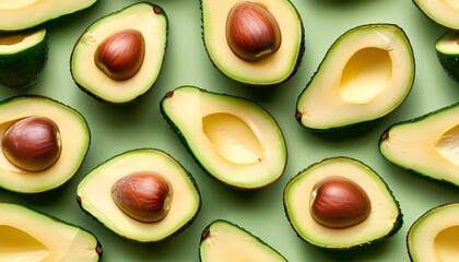Freshly Cut Avocado Halves Arranged Neatly Against Green Background
