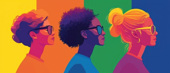 Stylish profile illustration featuring diverse individuals wearing sunglasses against a vibrant multicolor background