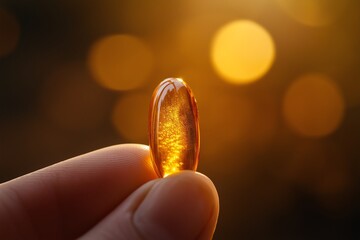 Close-up of hand holding fish oil capsule