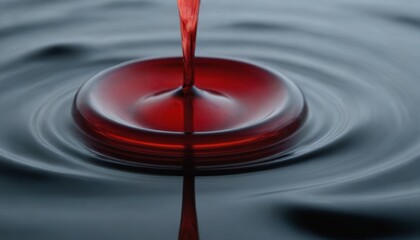 A drop of red liquid creates ripples in a dark blue surface, the liquid is still dripping, with a shallow depth of field.