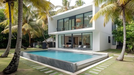 Fototapeta premium A modern minimalist cubic villa with a large swimming pool surrounded by palm trees. The villa has a white exterior and a flat roof. There are a few chairs near the pool. 