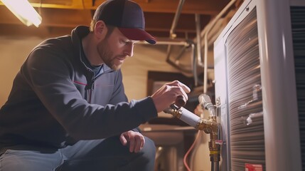 A technician inspects and repairs home heating equipment in a basement during daytime maintenance work