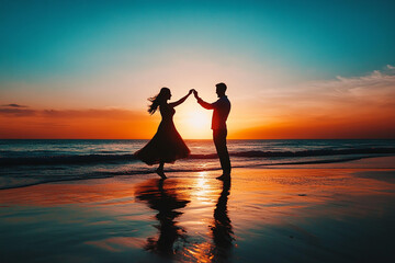 Silhouette of man and woman dancing at sunset on beach
