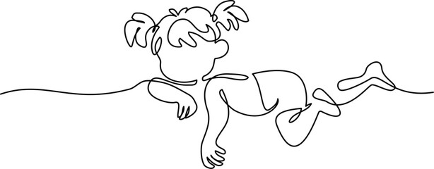 Cute Girl toddler lies on his stomach. Continuous one line drawing