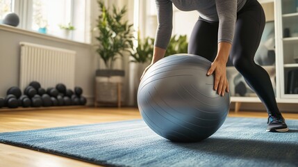 A person using a stability ball for core exercises at home, with a tidy and organized workout space.