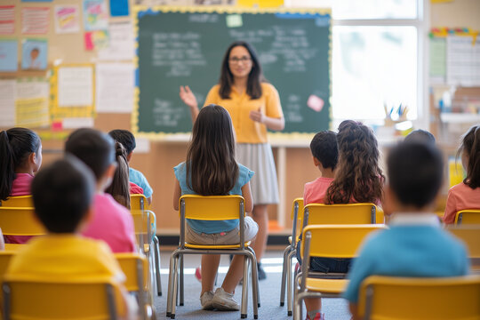First day at school. Female teacher doing an introduction lesson. Copy space, background.