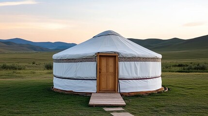 A serene landscape features traditional yurts on rolling green hills, surrounded by dense forests and majestic mountains under a bright morning sky