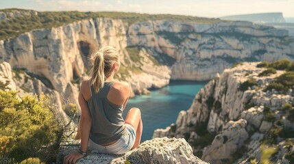Naklejka premium Mountain view of the valley, Person from behind 