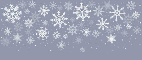 Snow overlay background with different shapes of white snowflakes on blue background, vector illustration