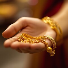 closeup of female hand holding gold jewelry, ornaments - Asset or Gold Loan concept