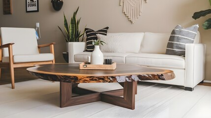 A live edge wooden coffee table. The table has a dark brown wood with a natural edge. The surface has a few scratches and marks. A sofa and a plant.