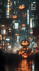 Dazzling Halloween Parade in High Tech Metropolis with Bioluminescent Floats and Transhuman Revelers