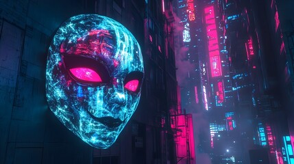 Obraz premium Ethereal Neon Halloween Mask in a Cityscape with Glowing Lights and Towering Skyscrapers
