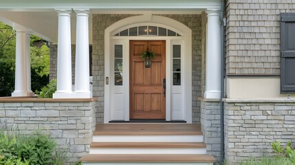 The main entrance door in a Georgian-style house. The door is wooden and has a gabled porch and landing. The exterior of the house has white columns and stone cladding.