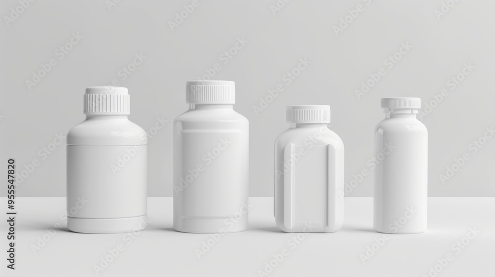 Poster collection of four white bottles displayed in a minimalistic style. each bottle varies in size and s