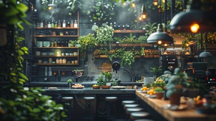 Urban Jungle Cafe Interior with Lush Greenery and Rustic Decor
