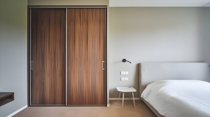 Fototapeta premium A modern bedroom with a minimalist style interior design. There is a wooden wardrobe with a sliding door. A white bed with a gray headboard.