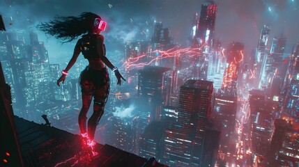 Obraz premium Technomantic sorcereress unleashing arcane power in a dystopian futuristic cityscape with cinematic