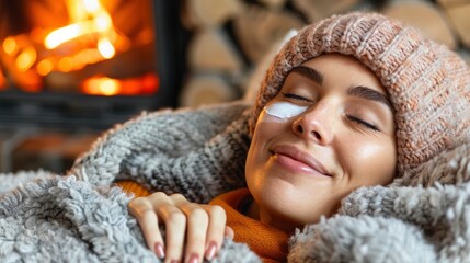 Woman Relaxing by Fireplace with Eye Patches