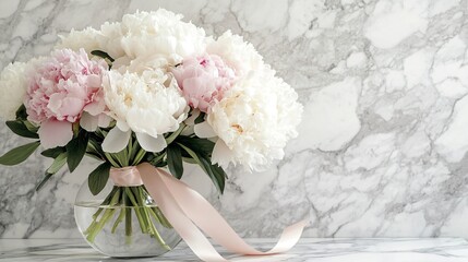 A delicate arrangement of white and pink peonies, tied with a silk ribbon, resting on a marble table, ideal for a birthday gift